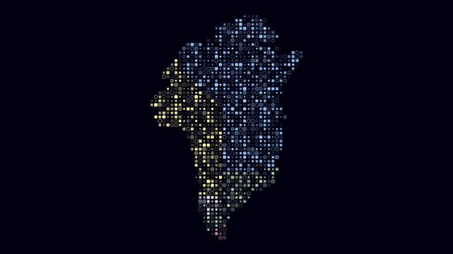 Greenland map animation. Shape of the country with pulsating colored dots. Small size rounded square blocks. Digital style Greenland map on dark background. Vibrant video.