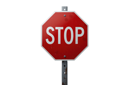 Red stop sign on a metal pole, indicating a traffic warning, caution, and safety, isolated on transparent background