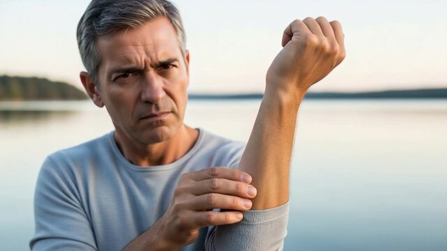 Mature Caucasian man scratching itchy skin allergy from insect bite near lake at dusk