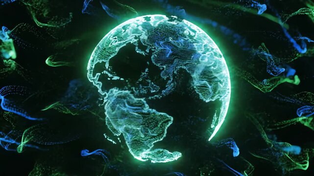 Digital Holographic Earth Globe Rotating with Glowing Blue and Green Particle Particles