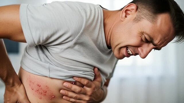 Mature Caucasian man suffering from painful shingles herpes zoster rash on torso