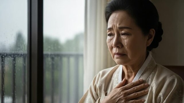 Elderly Korean Woman in Hanbok Crying by Window, Grieving Senior Mother Feeling Heartache