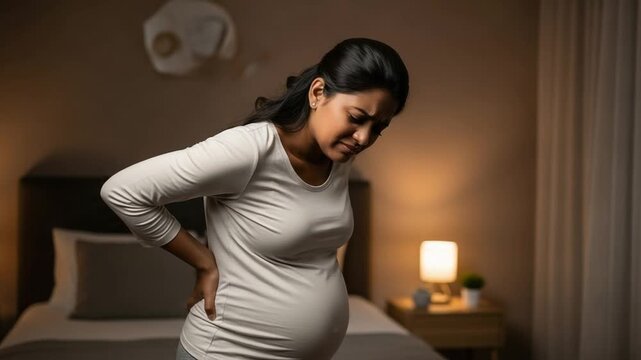 Pregnant Indian Woman Experiencing Lower Back Pain and Discomfort in Bedroom at Night