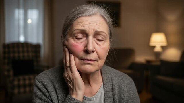 Senior woman with gray hair suffering from trigeminal neuralgia facial pain at home
