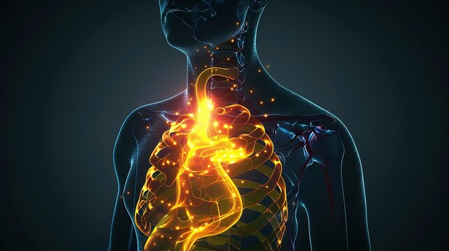 Dynamic Hiatal Hernia with Gastroesophageal Junction Sliding Motion and Glowing Trajectory, Medical Animation Style Visualization