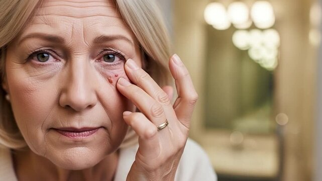 Senior blonde woman touching red swollen eyelid stye, eye infection treatment at home