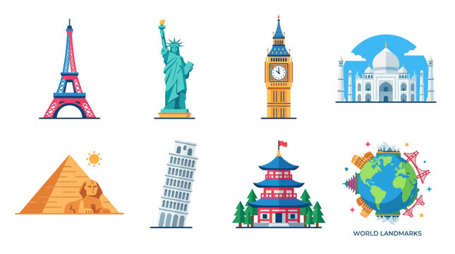 Vector illustrations of famous landmarks around the world including Eiffel Tower, Statue of Liberty, and Big Ben with globe.