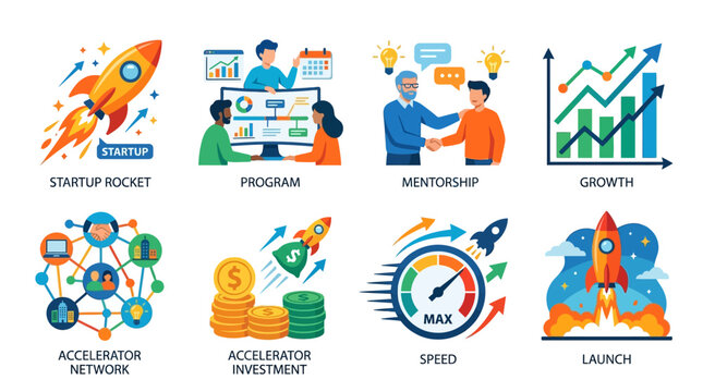 Vector graphic illustration of a startup program with mentorship and growth through acceleration network and speed launch.