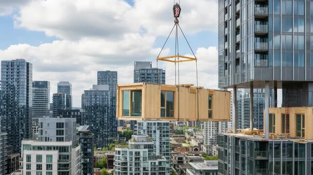 Prefabricated Wooden Apartment Module Being Hoisted By Crane For Installation On Modern High-rise Building Under Construction In Dense City Skyline Highlighting Modular Construction
