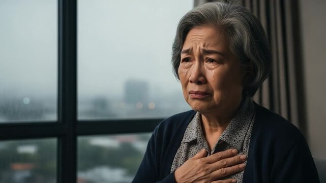 Elderly Asian Woman Crying with Hand on Chest Experiencing Grief and Heartbreak