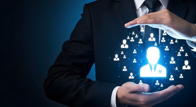 A businessman's hands cup glowing blue human icons, symbolizing dedicated employee protection, customer care, and robust HR management within a corporate setting.