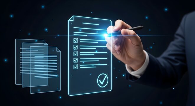 A professional businessman interacts with a glowing holographic contract document, digitally signing and managing legal agreements in a secure, futuristic setting.