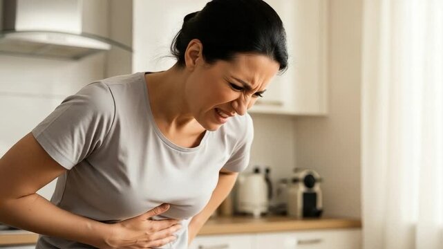 Caucasian woman in her 30s experiencing sharp abdominal pain from IBS in kitchen