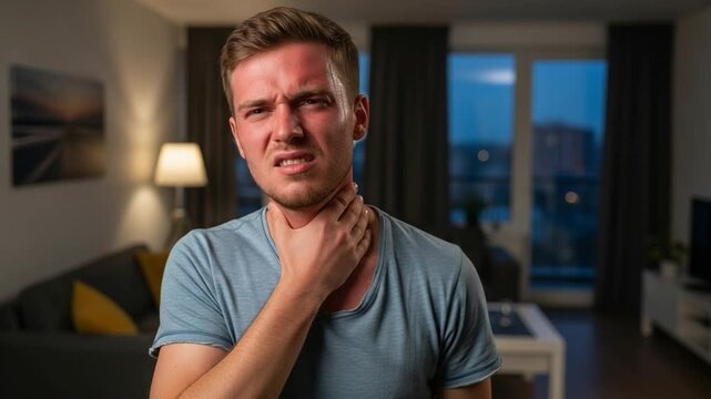 Young Caucasian man clutching throat in pain at home at night, suffering from acid reflux symptoms
