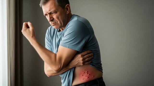 Middle Aged Man Suffering From Shingles Rash On Torso, Painful Skin Condition