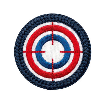 A red blue and white target patch with a navy blue border isolated on transparent background
