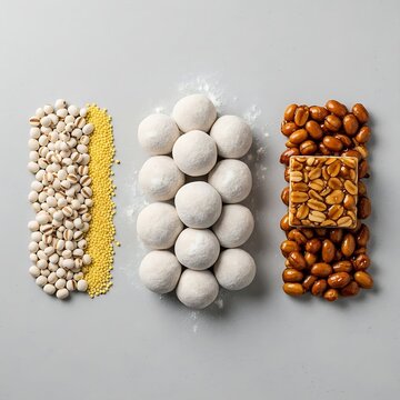 Minimalist display of cornmeal bota balls, pearl millet, and peanut brittle squares. Traditional Zimbabwean breakfast porridge concept.