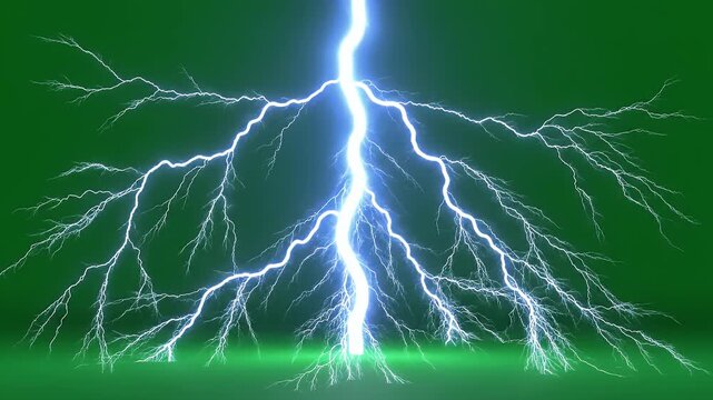 A bright blue lightning bolt streaks across a green background, branching out in all directions
