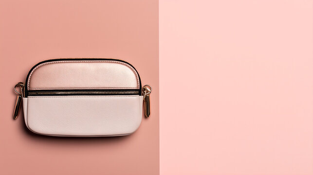 prerequisite. Make-up cosmetic bag on pink gradient surface in clean minimalist composition, lifestyle magazines, social media lookbooks, designed for influencer and brand collaborations.