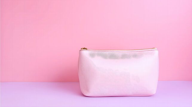 prerequisite. Make-up cosmetic bag on pink gradient surface in clean minimalist composition, lifestyle magazines, social media lookbooks, designed for influencer and brand collaborations.