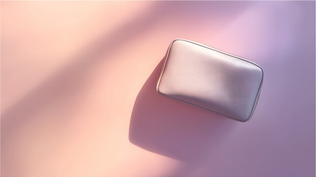 prerequisite. Make-up cosmetic bag on pink gradient surface in clean minimalist composition, lifestyle magazines, social media lookbooks, designed for influencer and brand collaborations.