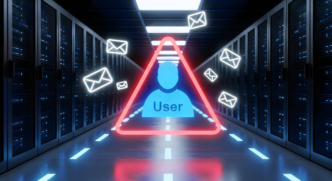 Cyber Security Warning and Data Breach Alert in Server Room Data Center
