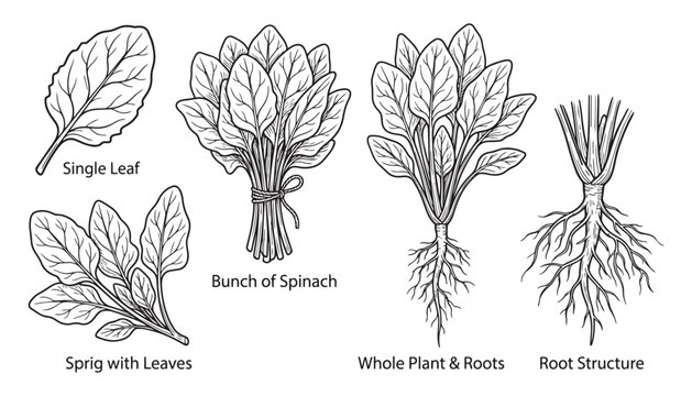 Spinach plant collection with single leaf bunch sprig and root structure vector graphic illustration