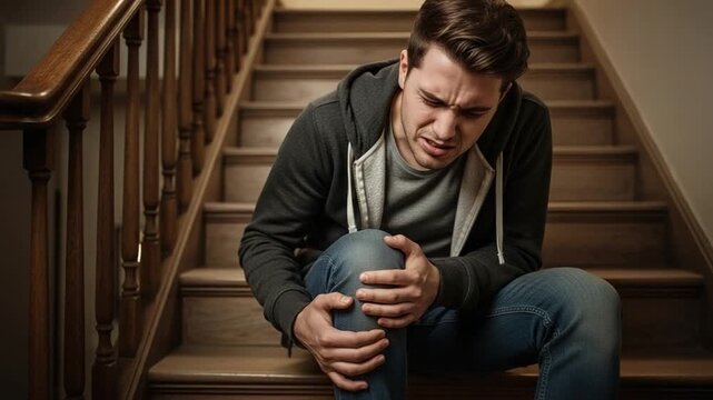 Young Caucasian Man Suffering from Patellofemoral Pain Syndrome on Stairs