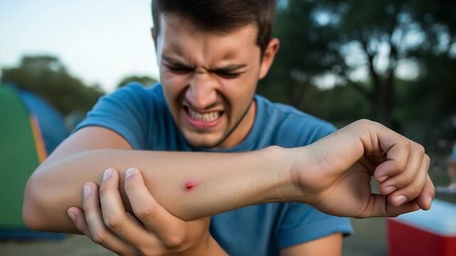 Young Caucasian man examining a red tick bite on his arm while camping, Lyme disease awareness