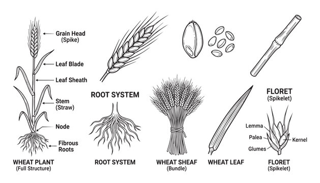 Wheat plant structure: roots, stem, leaves, grain head and floret vector illustration