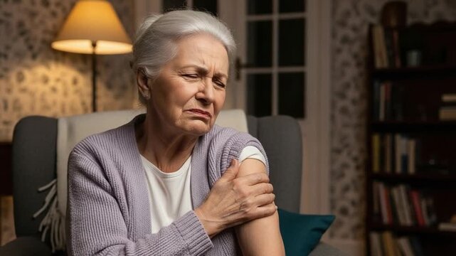 Senior Caucasian woman grimacing with chronic shoulder pain and arthritis at home