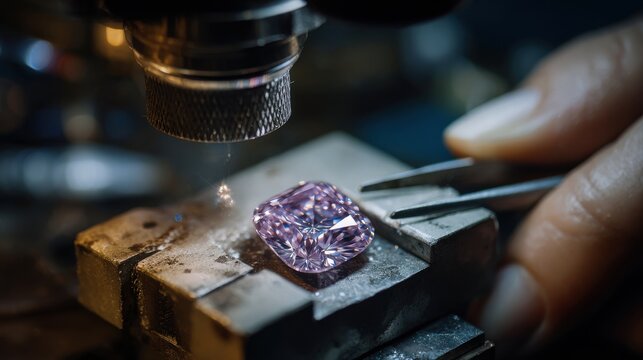 Diamond cutting workshop craftsman examining gemstone on blurred background