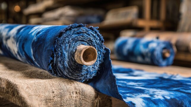 Roll of indigo dyed rough cotton fabric with textured blue patterns displayed in a workshop setting