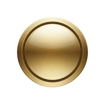 A shiny gold button with a raised edge isolated on transparent background
