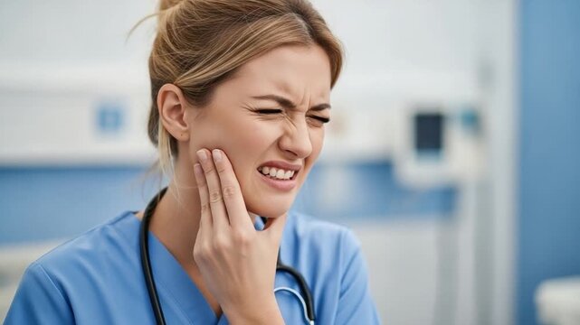 Young female nurse in blue scrubs touching jaw in pain, dental emergency or TMJ disorder