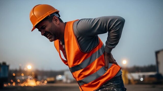 Construction Worker with Lower Back Pain Injury at Industrial Site, Middle Aged Male in Safety Vest