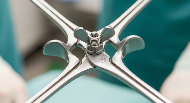 Closeup of a sterile medical speculum instrument for gynecological examination.