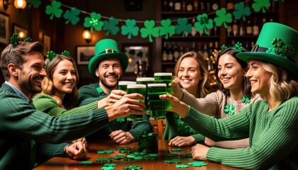 Fototapeta premium Cheers to the Festivities: Capturing a joyful toast in a traditional pub, a close-knit group revels in the spirited celebration.
