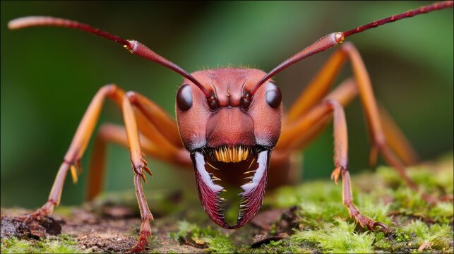 Detailed macro capture showcases a leafcutter ant with prominent mandibles slicing through its environment