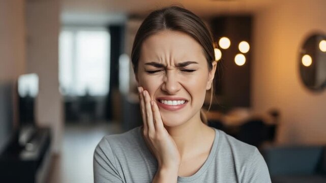 Young Caucasian Woman Suffering from TMJ Jaw Pain and Dental Distress at Home