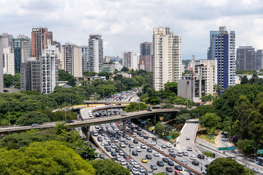 Heavy traffic at complex highway interchange near Praca Soichiro Honda in Sao Paulo Brazil