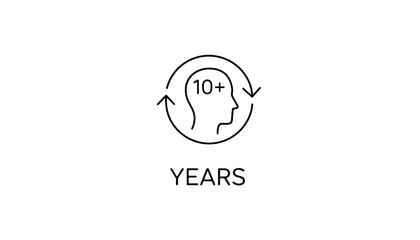 Obraz premium Icon of a human head with 10+ years inside a circle with arrows, symbolizing experience and longevity