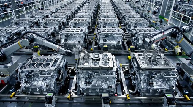 Futuristic engine assembly line robotic arms high-tech automotive factory generative AI
