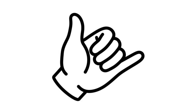 Outline illustration of a hand making the shaka sign, often associated with surfing and Hawaiian culture, on a white background.