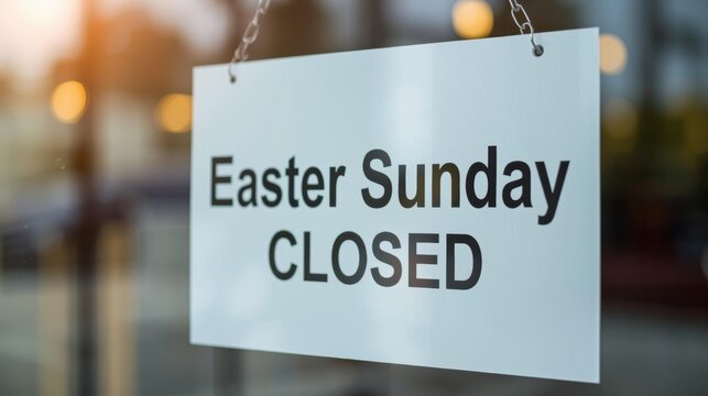 A white sign hanging on a glass door reads "Easter Sunday CLOSED" indicating the business is closed for the holiday.