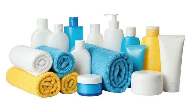 Spa and bath products with rolled towels with isolated on transparent background