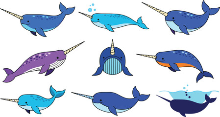 Narwhal Whale Set with Different Poses and Colors Arctic Marine Animal Collection with Long Tusk, Swimming and Cute Cartoon Vector Illustration © Selina