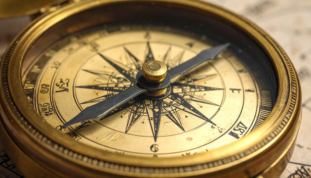 Close up of a vintage compass on a map gold and black with directional needle
