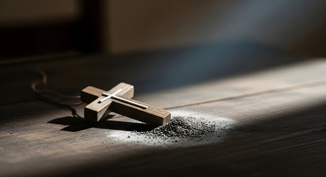 Wooden Christian cross with ashes on a rustic wooden surface symbolizing faith repentance and spirituality with dramatic light rays