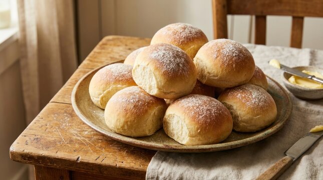Fluffy round golden bread rolls on ceramic plate rustic table